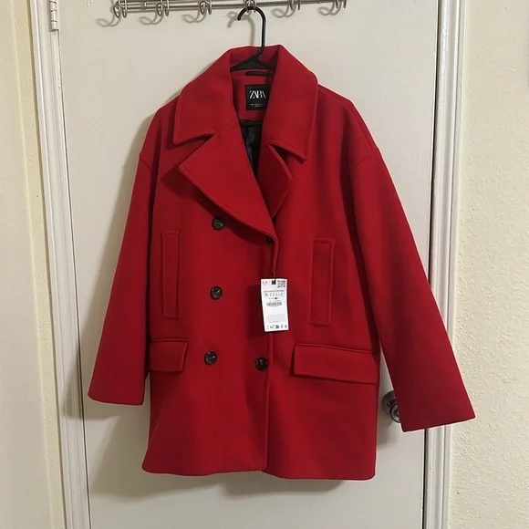 NWT Zara Red Double Breasted Coat with Pockets XL